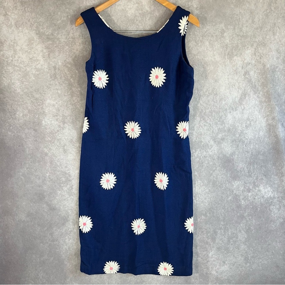 Ivan-Frederics Dress Women M Navy Blue Daisy Embroidered Vintage Shift *See Pic*